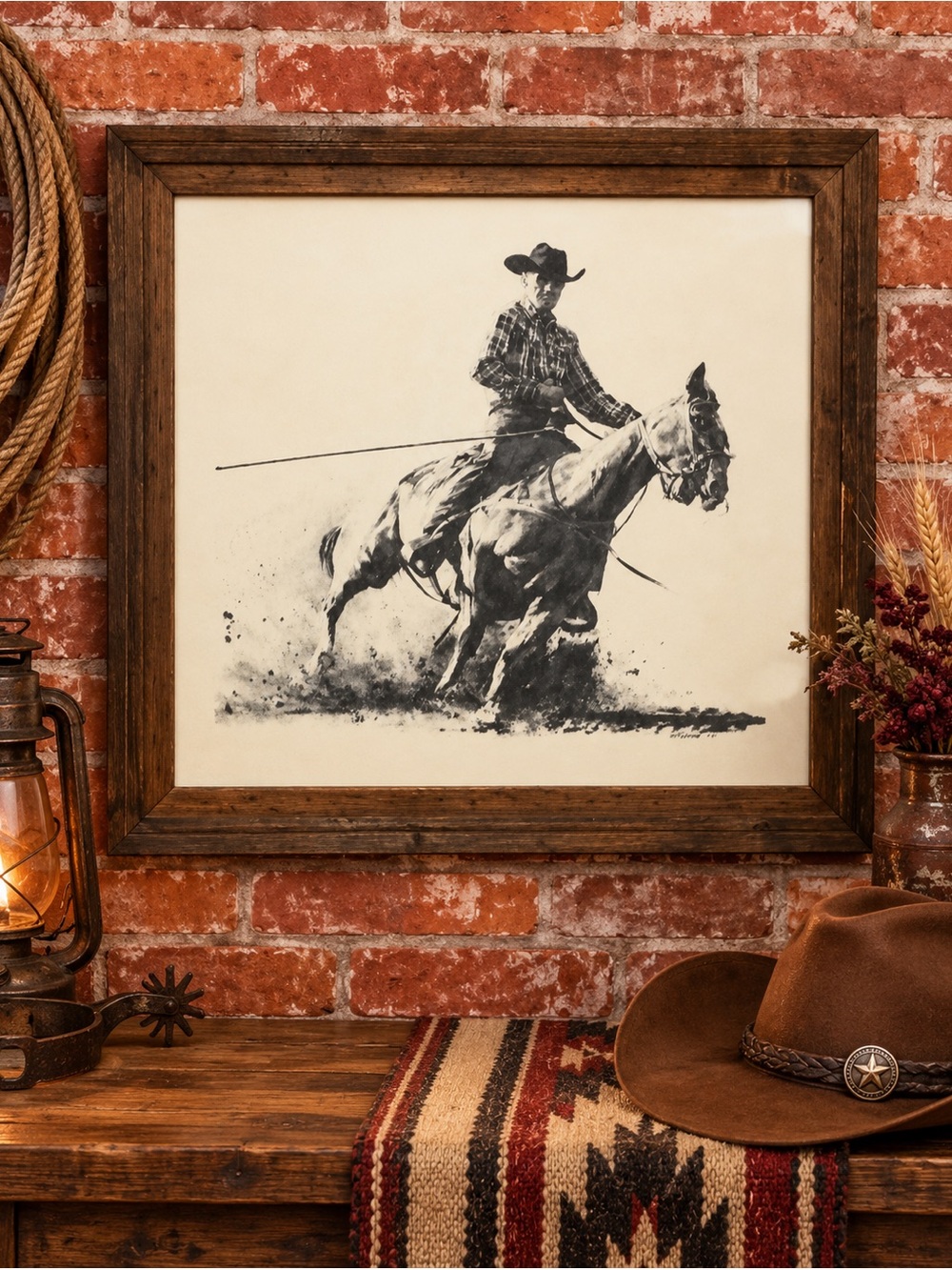 G.M. Grant Framed Original Graphite Cowboy Drawing